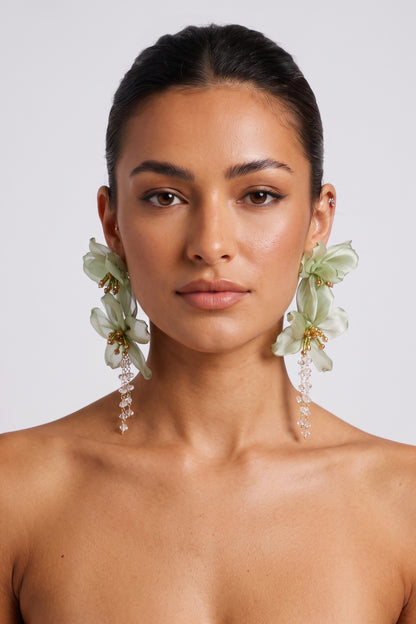 Light Green Organza Floral Crystal Tassel Drop Earrings