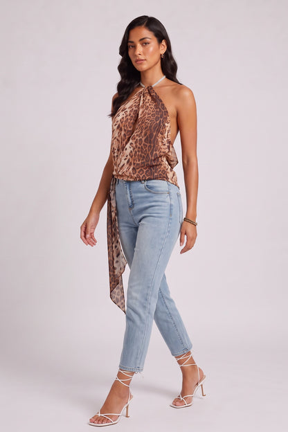 Leopard Print Halter Backless Wrap Cami Top