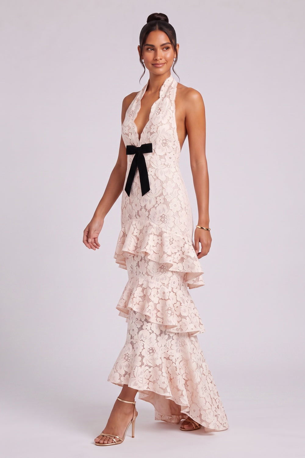 Pale Pink Floral Lace Tiered Halter Gown pale pink floral lace gown - product view 4
