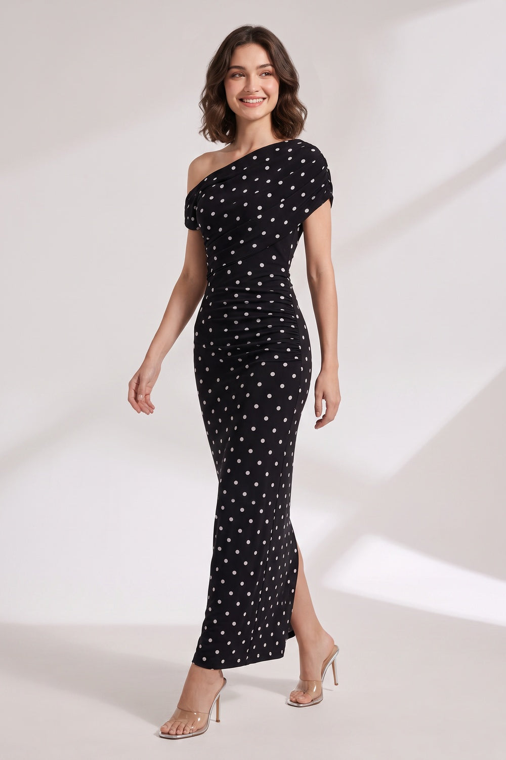Black Polka Dot One-Shoulder Maxi Dress black stretch jersey dress - product view 1