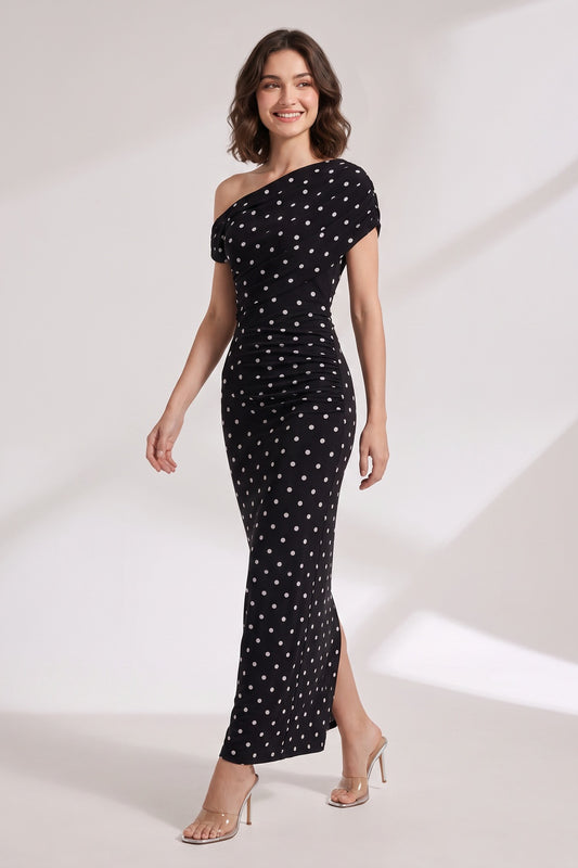 Black Polka Dot One-Shoulder Maxi Dress black stretch jersey dress - product view 1