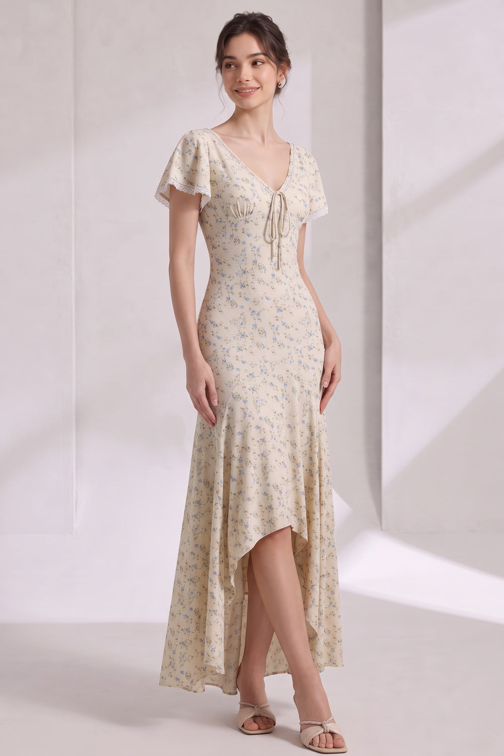 Cream Ditsy Floral Maxi Dress with Fitted Bodice and Flared Paneled Skirt cream, pale yellow lightweight woven fabric, likely rayon or cotton blend dress - product view 3