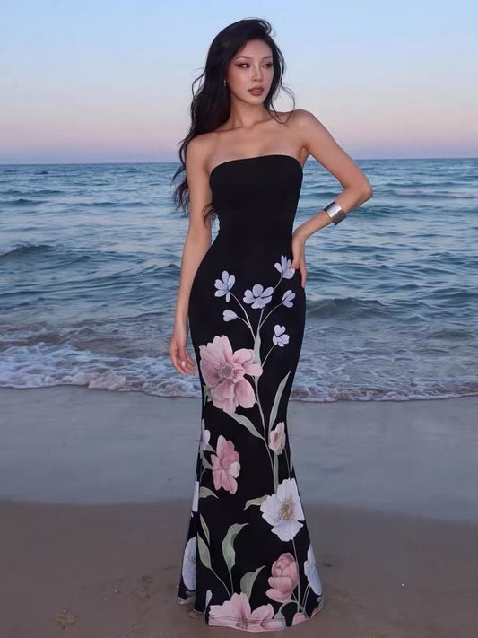 Black Floral Print Strapless Mermaid Maxi Dress