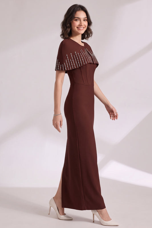 Dark Brown Structured Crepe Column Dress with Capelet Overlay dark brown structured crepe dress with capelet overlay - product view 2