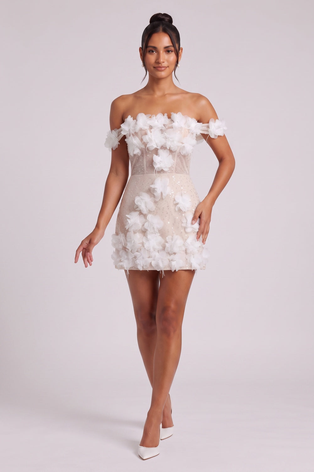 Nude Mesh Overlay Fitted Sheath Mini Dress with 3D Floral Appliqué nude, white mesh overlay with nude lining dress - product view 2
