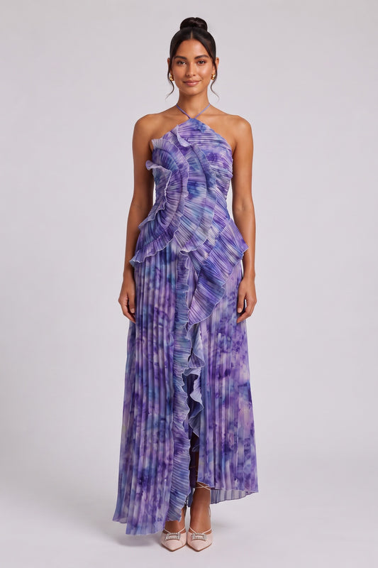 Purple Tie-Dye Pleated Chiffon A-Line Maxi Dress purple, violet pleated chiffon maxi dress - product view 1