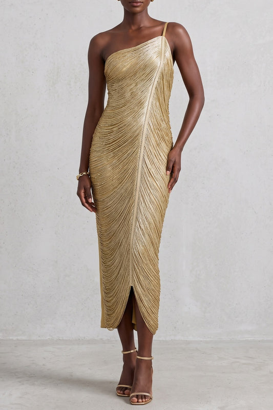 One Shoulder Metallic Ruched Midi Dress