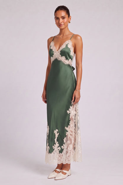 Forest Green Satin Slip Dress with Lace Paneling forest green satin dress - product view 4
