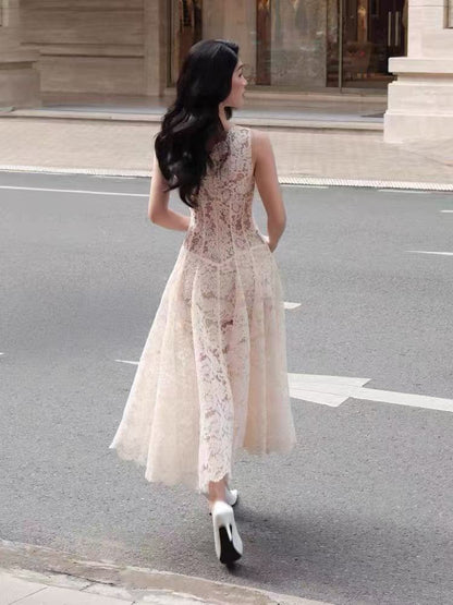White Floral Lace A-Line Midi Dress with Keyhole Neckline
