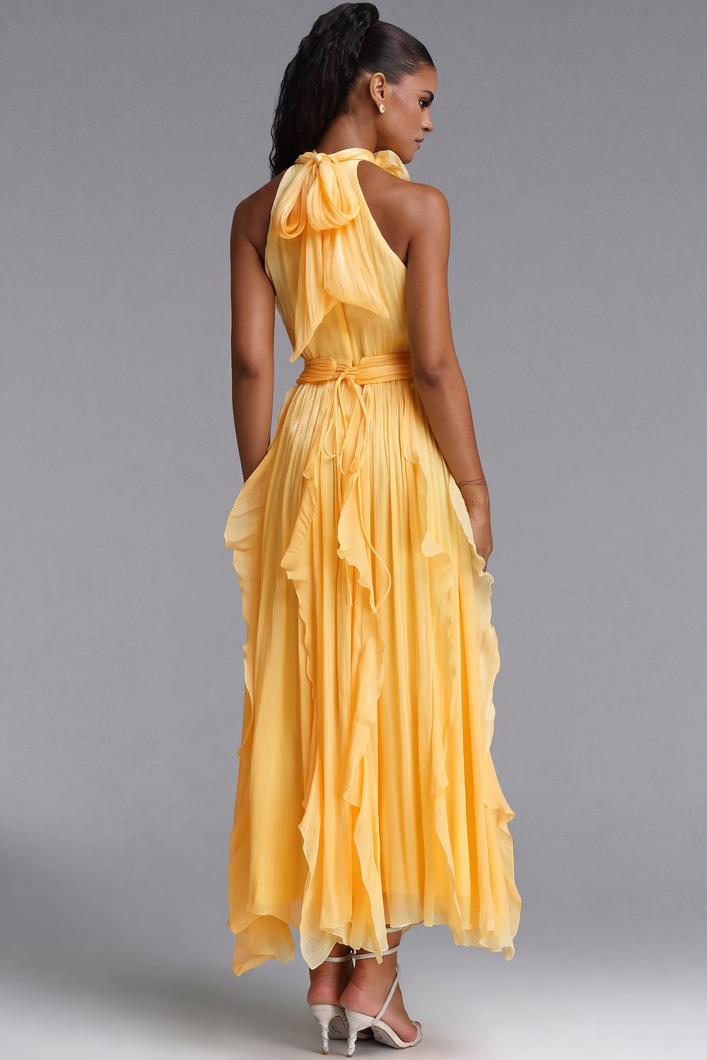 Yellow Chiffon A-Line Halter Maxi Dress yellow chiffon dress - product view 5