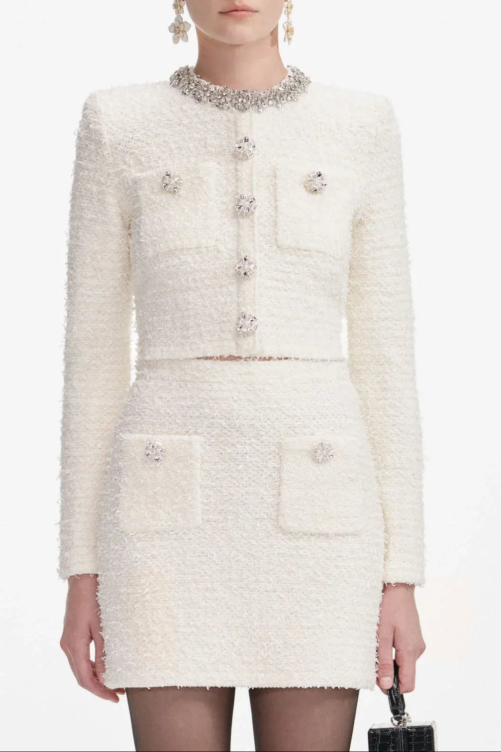 alisa Diamond-embellished tweed cardigan skirt set in white