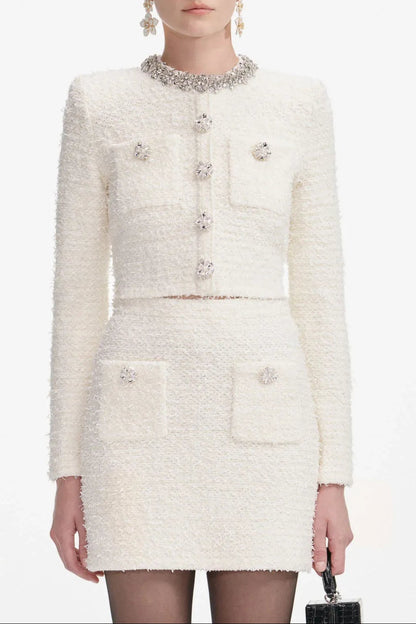 alisa Diamond-embellished tweed cardigan skirt set in white