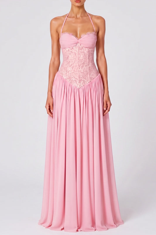 Halter Twist Bust Lace Corset Chiffon Maxi Dress