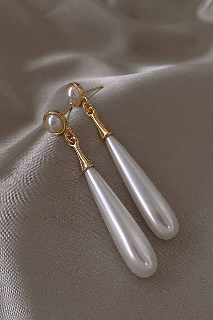 Small Round Pearl Top Teardrop Pearl Long Drop Gold Earrings