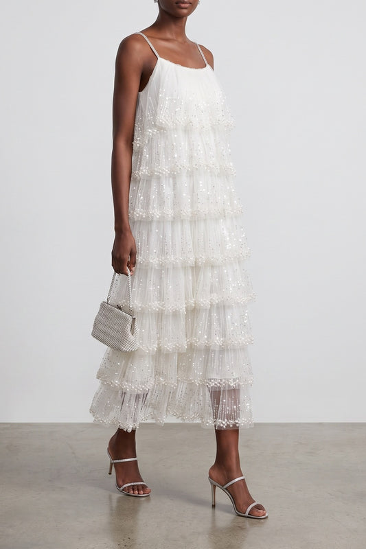 Sparkle Tulle Tiered Spaghetti Strap Midi Dress