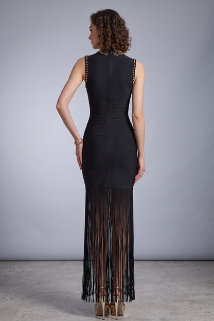 Black Heavy Bandage Knit Maxi Dress with Fringe Hem and Gold Embellishments black heavy bandage knit dress - product view 5