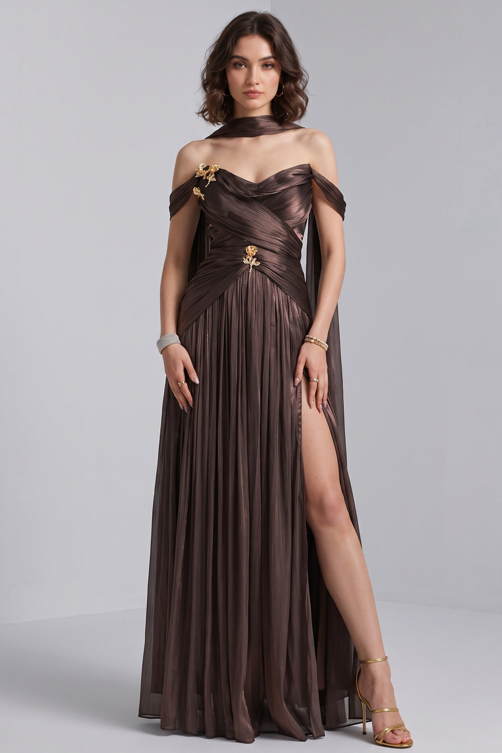 Bronze Metallic Draped A-Line Evening Gown with High Slit bronze, dark brown metallic lamé or silk blend evening gown - product view 1