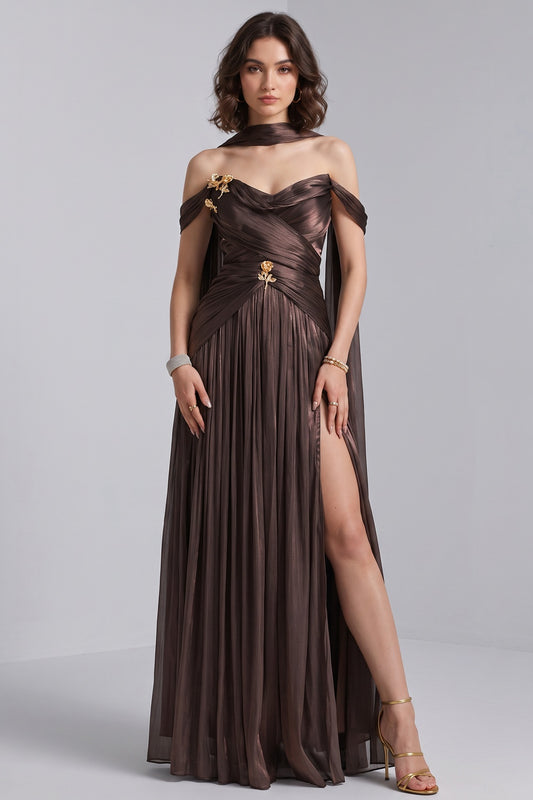 Bronze Metallic Draped A-Line Evening Gown with High Slit bronze, dark brown metallic lamé or silk blend evening gown - product view 1