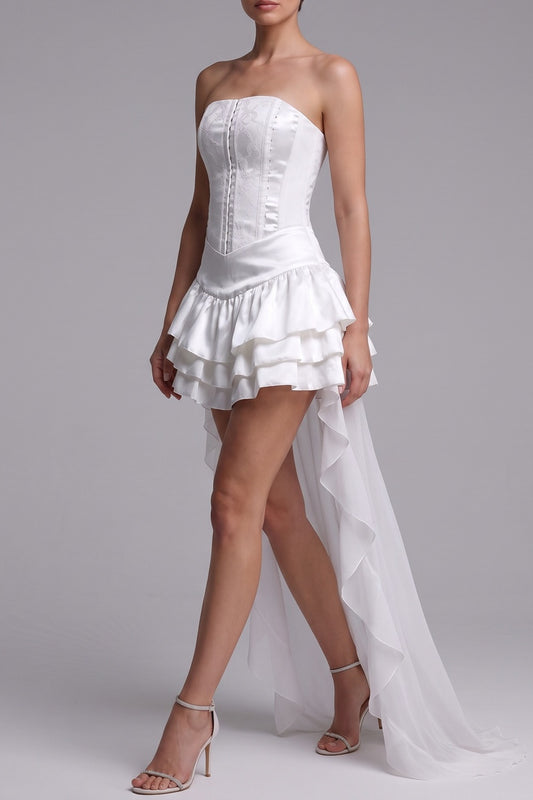 Strapless Textured Corset High Low Ruffle Mini Dress