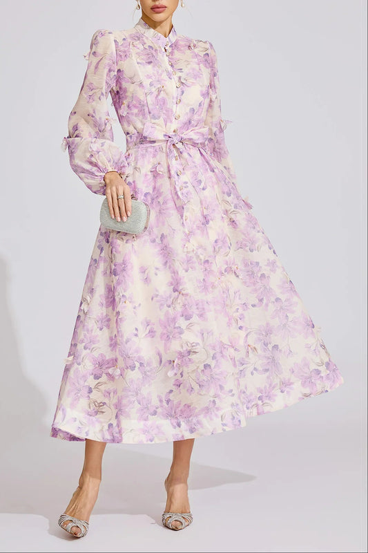 simona Floral print lantern sleeve Maxi Dress in purple