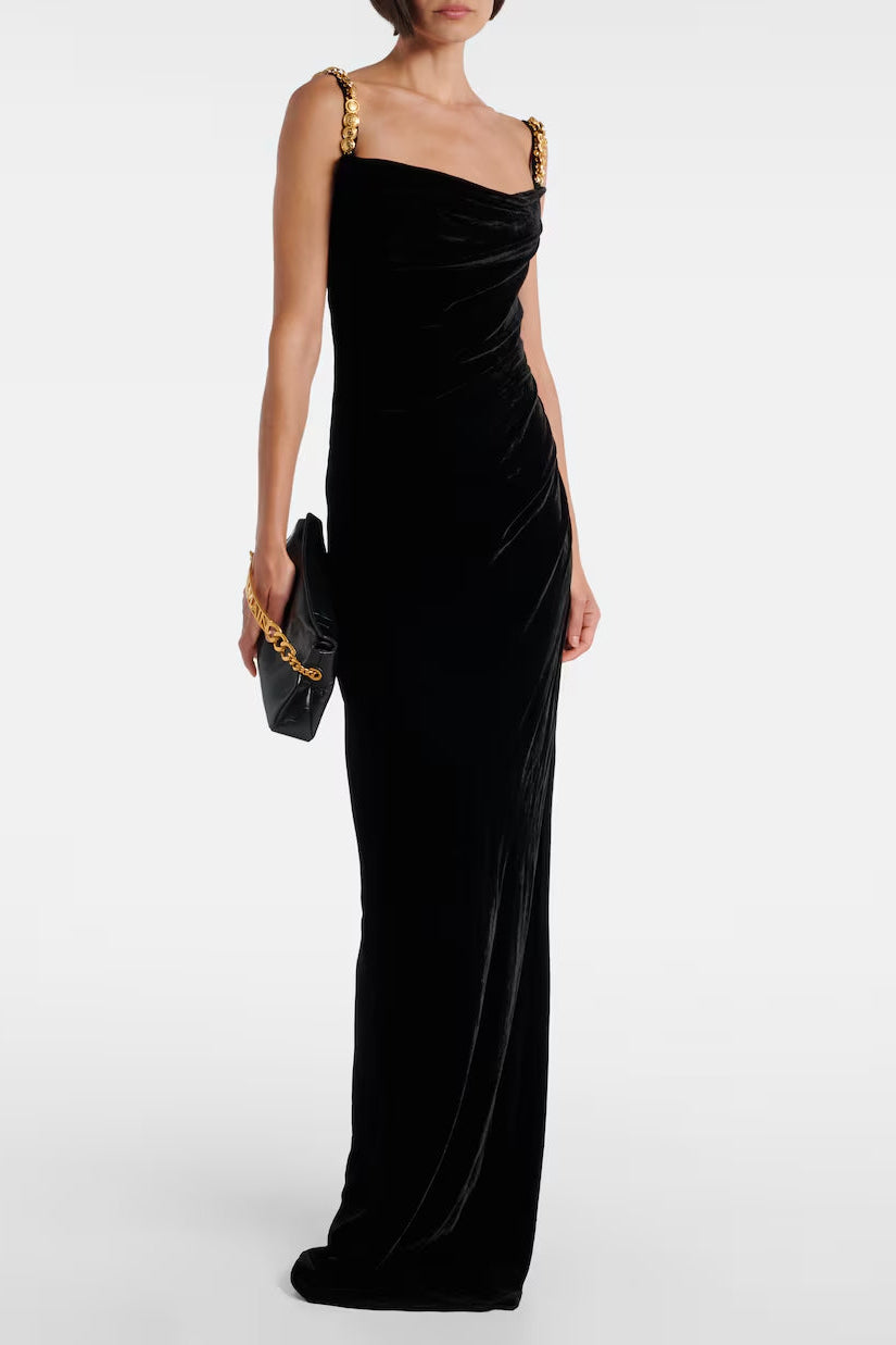 mag black Metal chain strap square neck velvet maxi dress