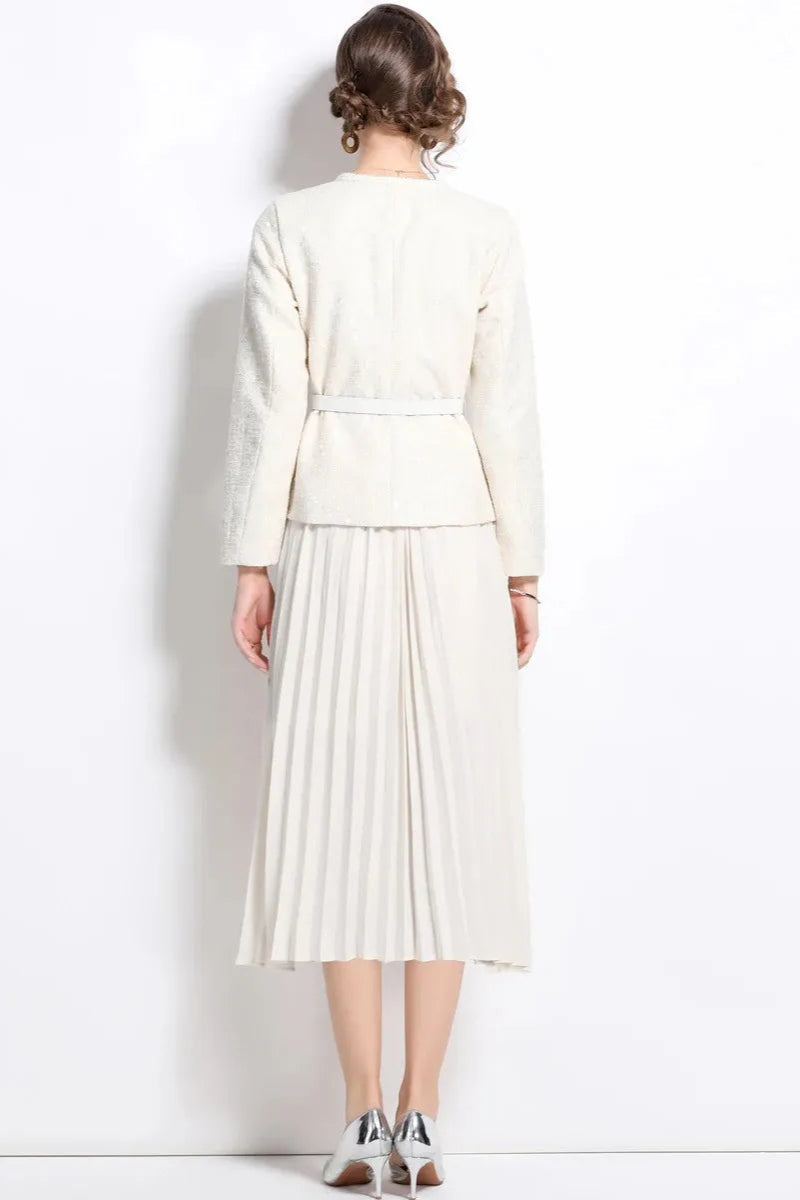 CREAM SEQUIN BOUCLE TAILORED MIDI DRESS