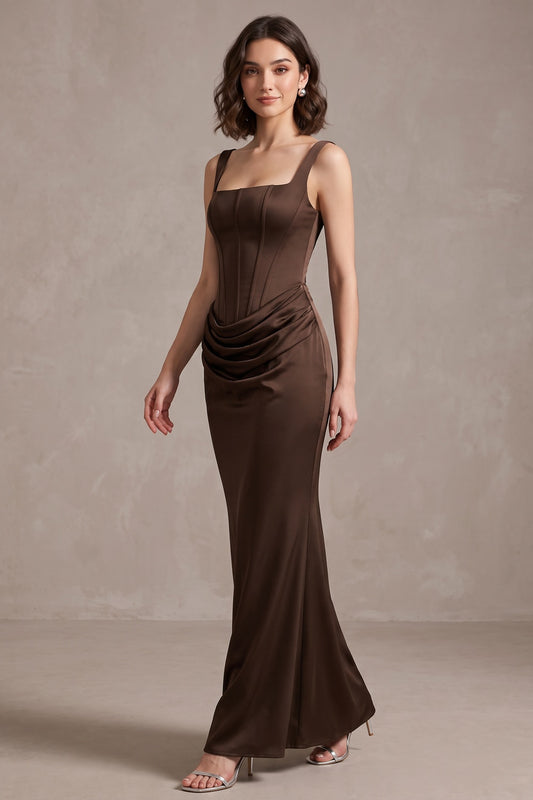 Dark Brown Satin Fitted Column Evening Gown with Draped Hip dark brown satin evening gown - product view 1