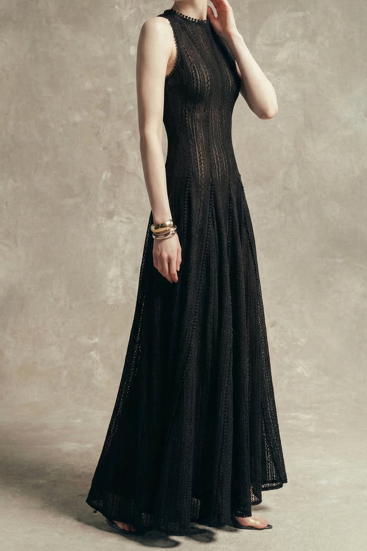 sleeveless lace crochet maxi dress in black