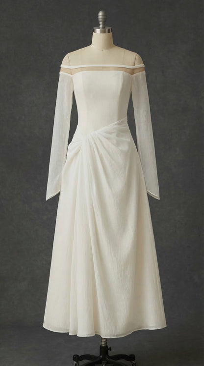judith off-shoulder A-line Voile Midi Dress in white
