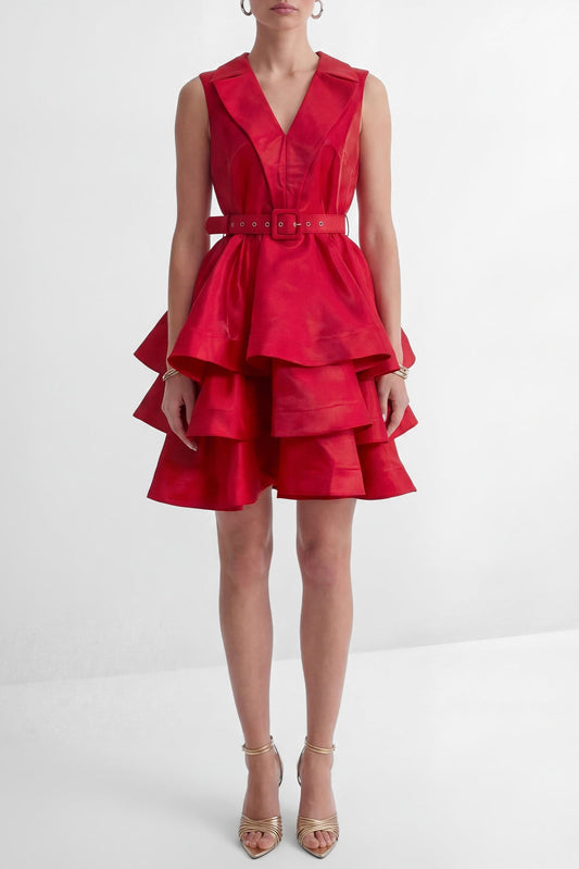jessica Red V-neck Tiered Ruffle Mini Dress