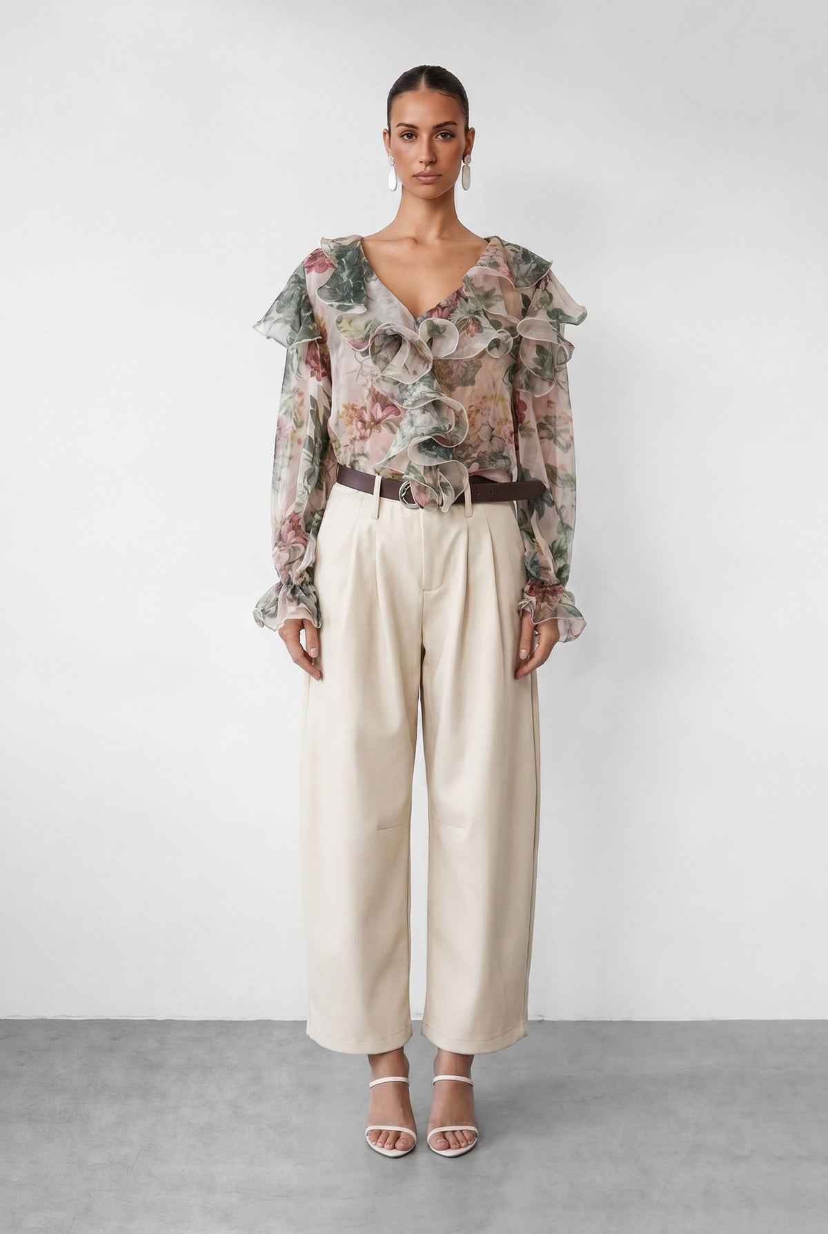 Vintage Rose Print Multi-Layer Ruffle V-Neck Sheer Crinkle Chiffon Long Sleeve Blouse