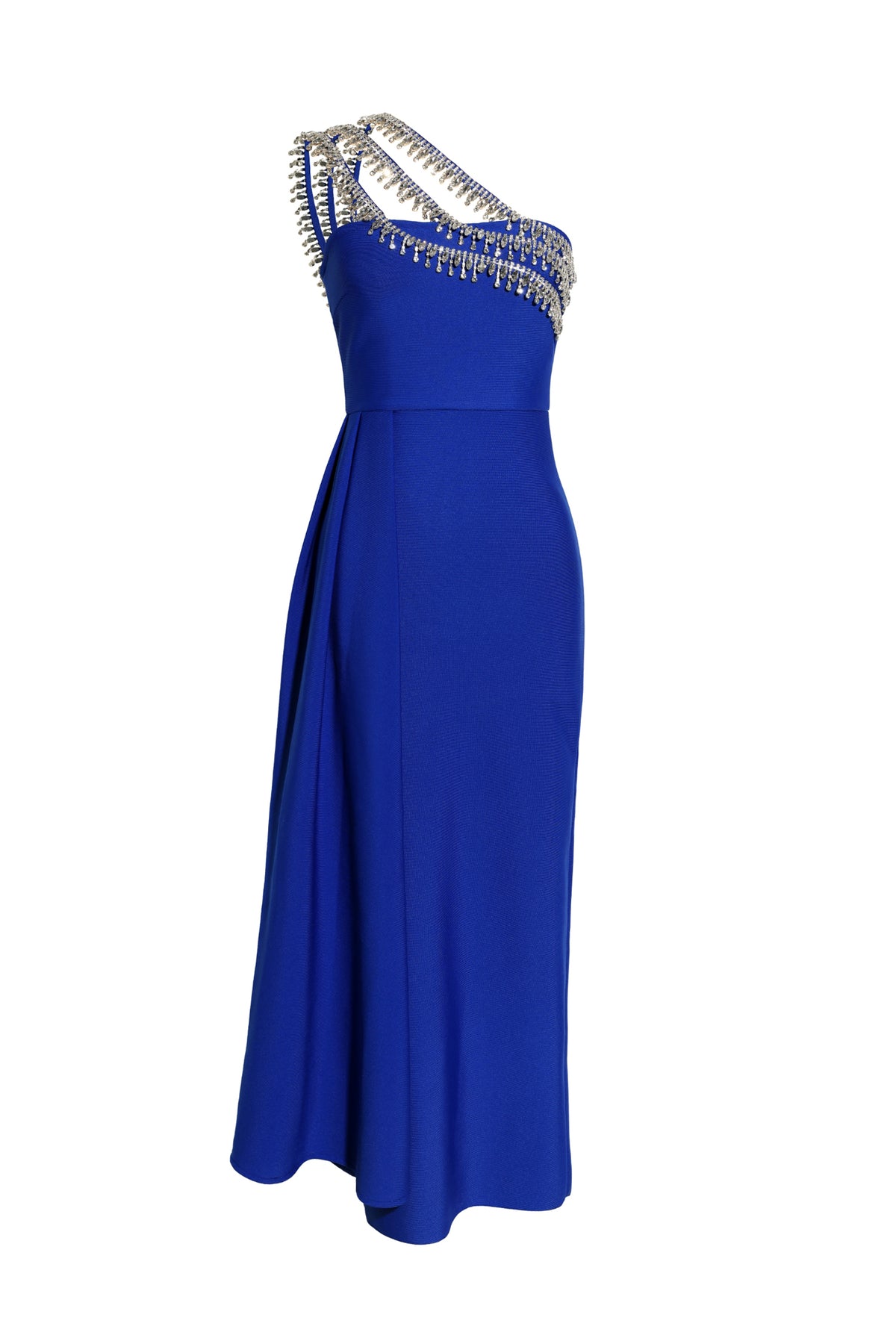 Royal Blue Multi-Layer Fringe Rhinestone One Shoulder Slim Midi Dress With Side Draped Flare Panel