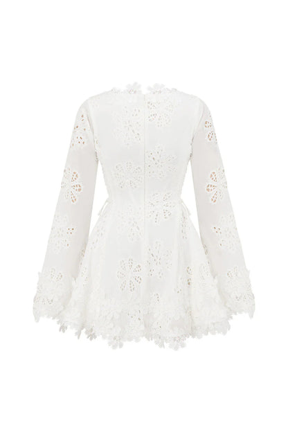 Flower embroidery hollow mini dress in white