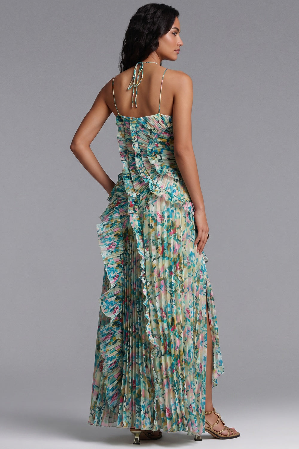 Green Pleated Chiffon A-Line Maxi Dress with High Slit and Cascading Ruffles green, teal pleated chiffon dress - product view 5