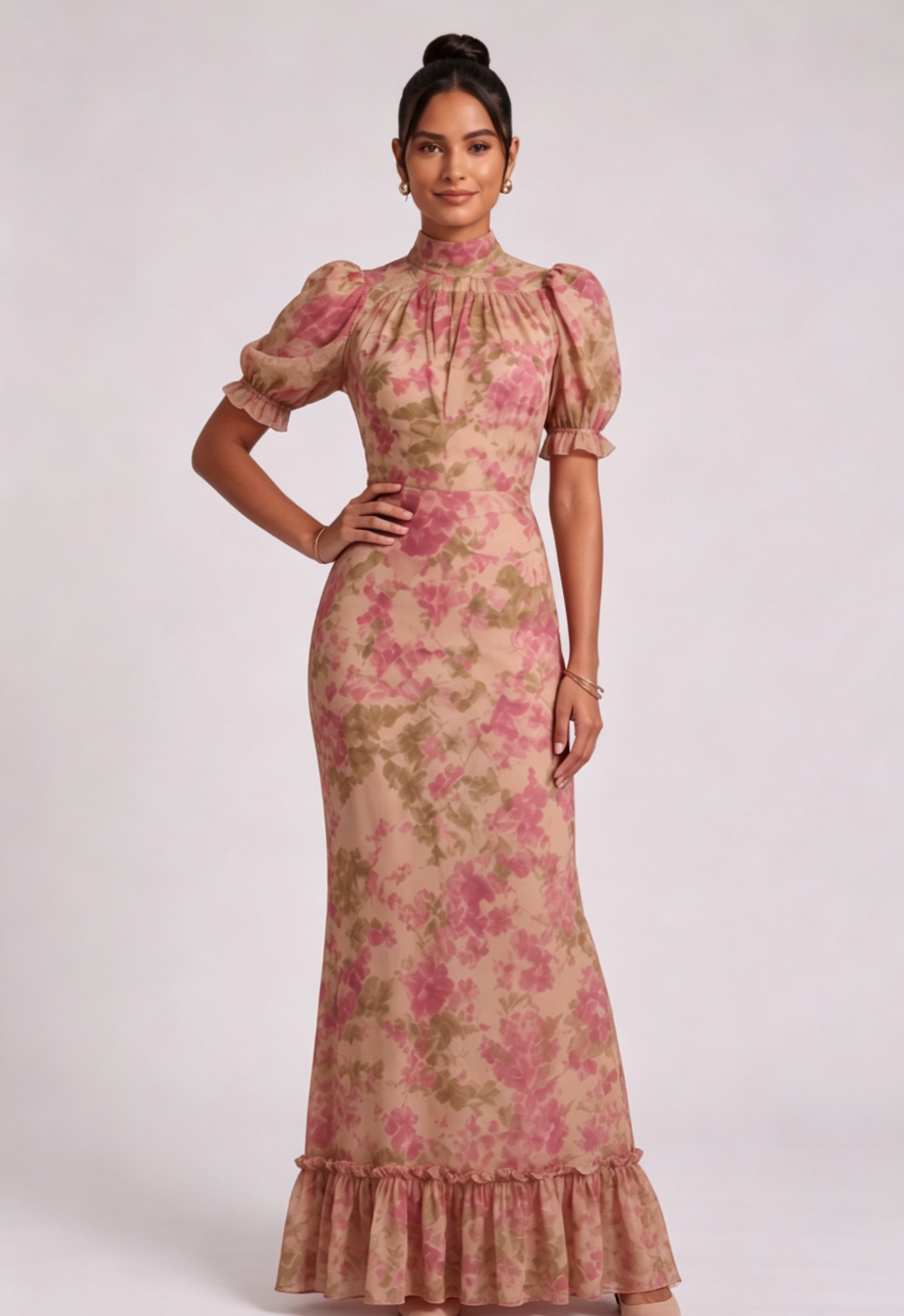 Beige Chiffon Mermaid Dress with Floral Print and Puff Sleeves