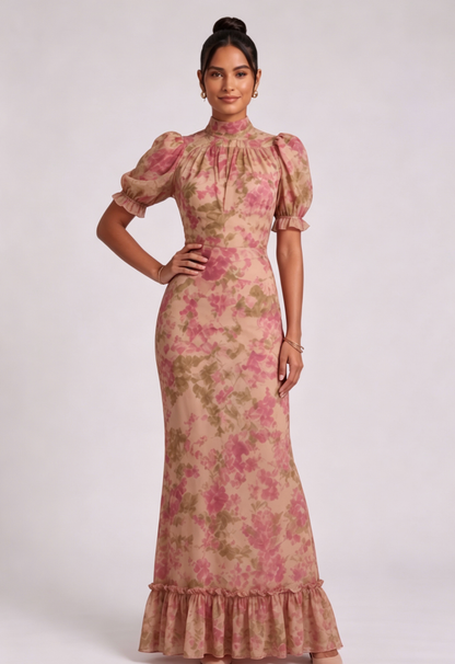 Beige Chiffon Mermaid Dress with Floral Print and Puff Sleeves