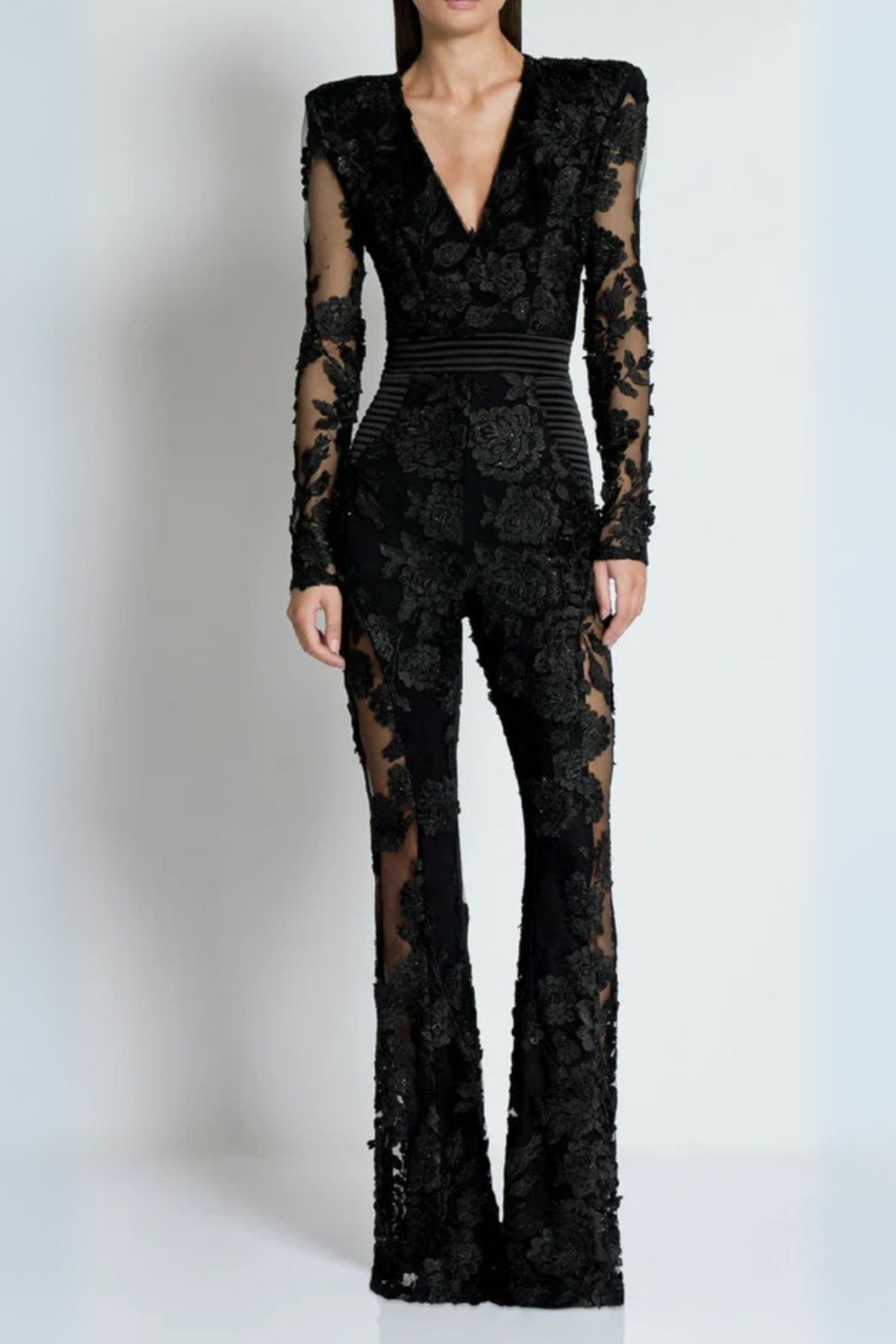 diamond three-dimensional flower jumpsuit in black