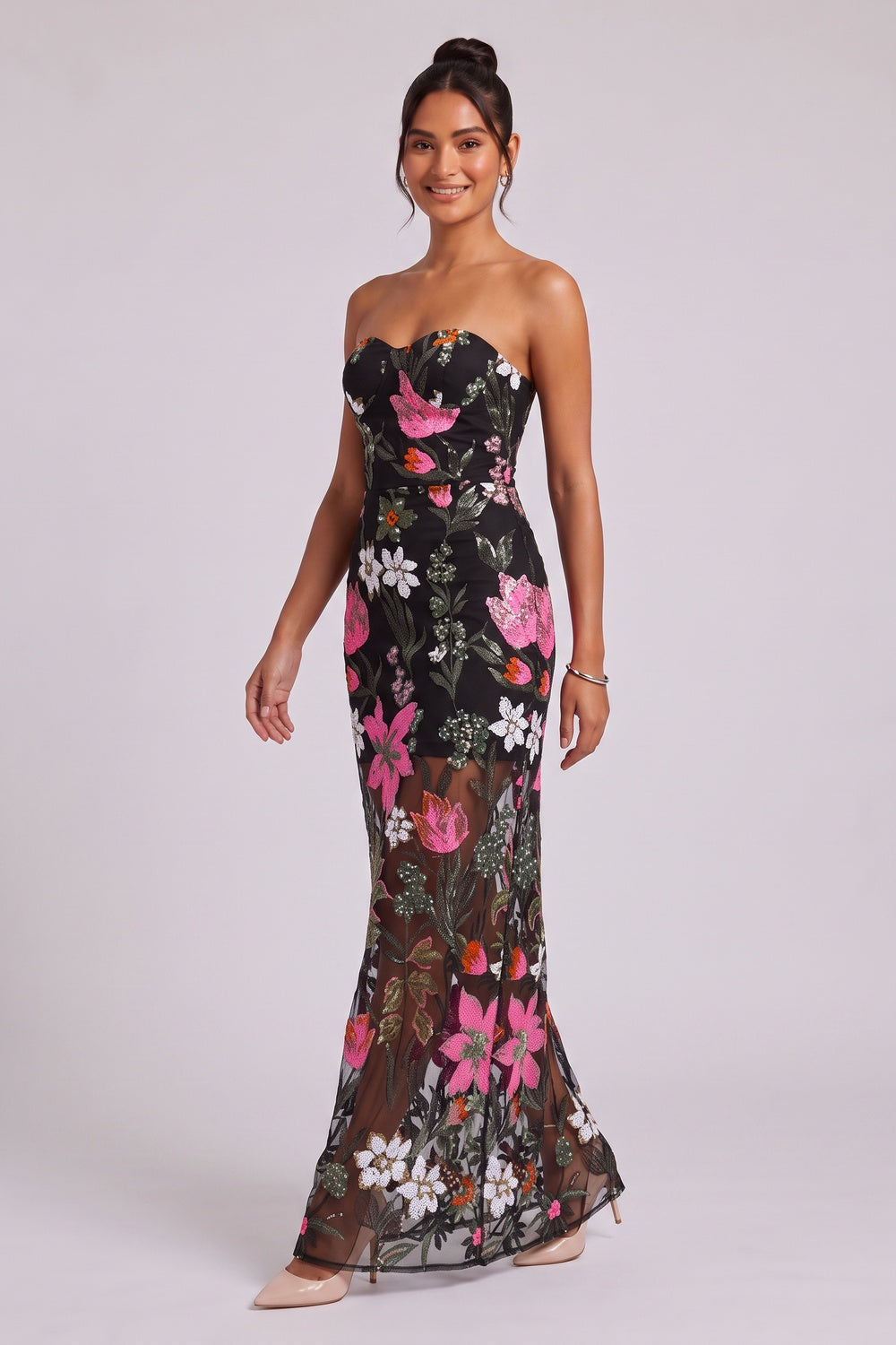 Black Floral Embroidered Mesh Column Dress black mesh dress - product view 4