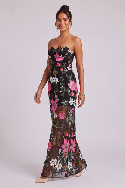 Black Floral Embroidered Mesh Column Dress black mesh dress - product view 4
