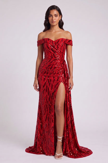 Red Sequin Off-the-Shoulder Mermaid Gown Premium Fabric - product view 2
