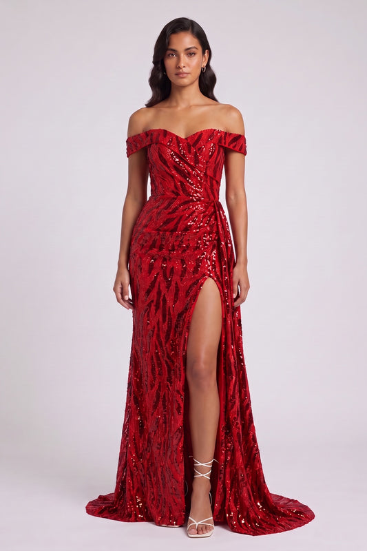 Red Sequin Off-the-Shoulder Mermaid Gown Premium Fabric - product view 2