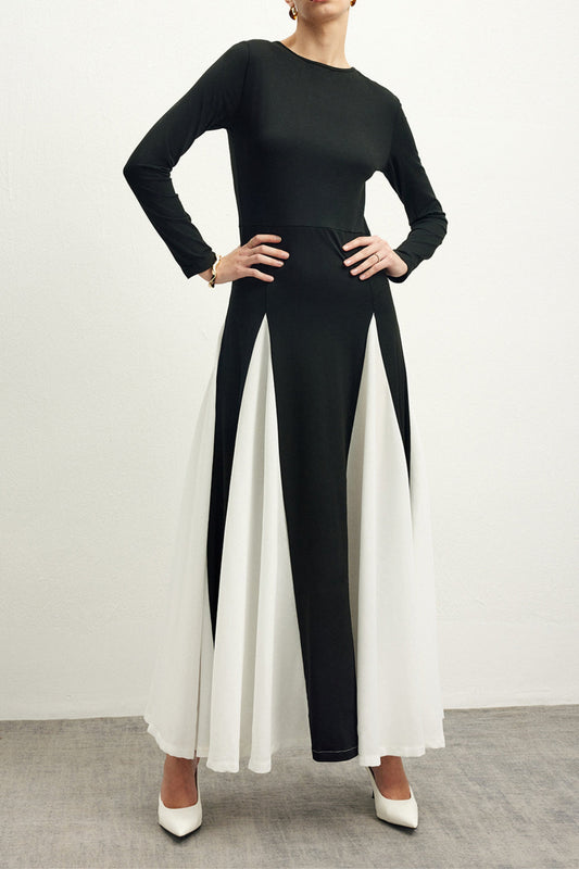 Contrast Color Long Sleeve Midi Dress