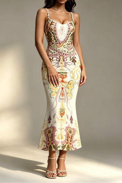 Vintage Cup Tarot Print Beaded Spaghetti Strap Sweetheart Satin Mermaid Midi Dress