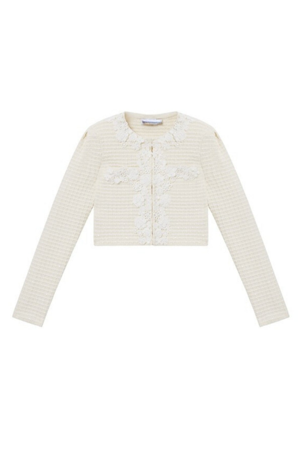 CREAM KNIT FLORAL TRIM CARDIGAN