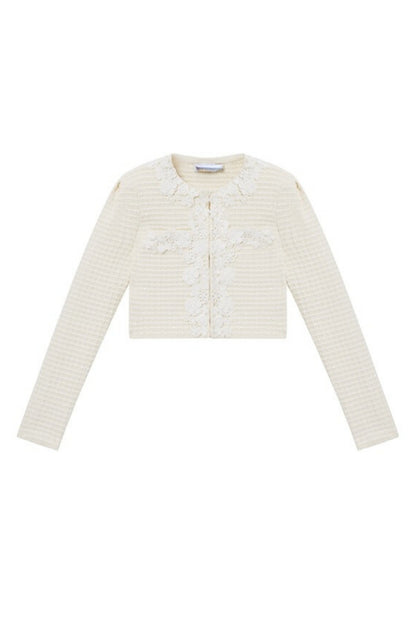CREAM KNIT FLORAL TRIM CARDIGAN