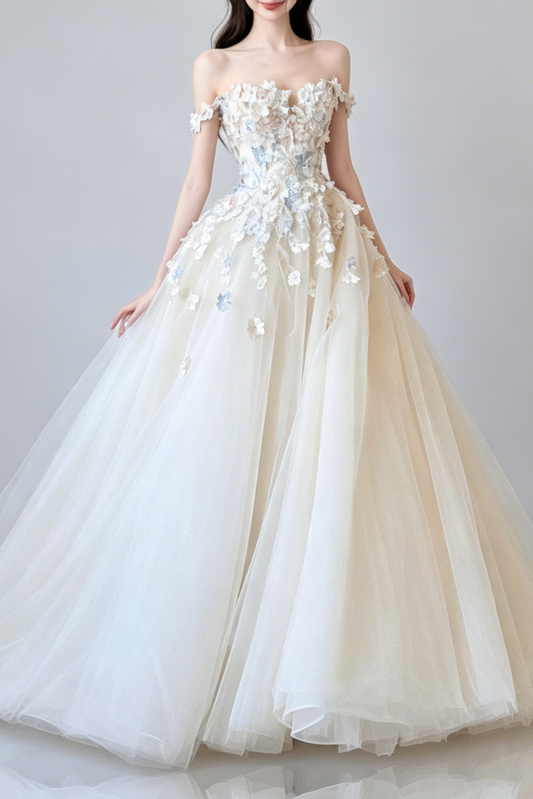 Off Shoulder 3D Floral Tulle Ball Gown Wedding Dress