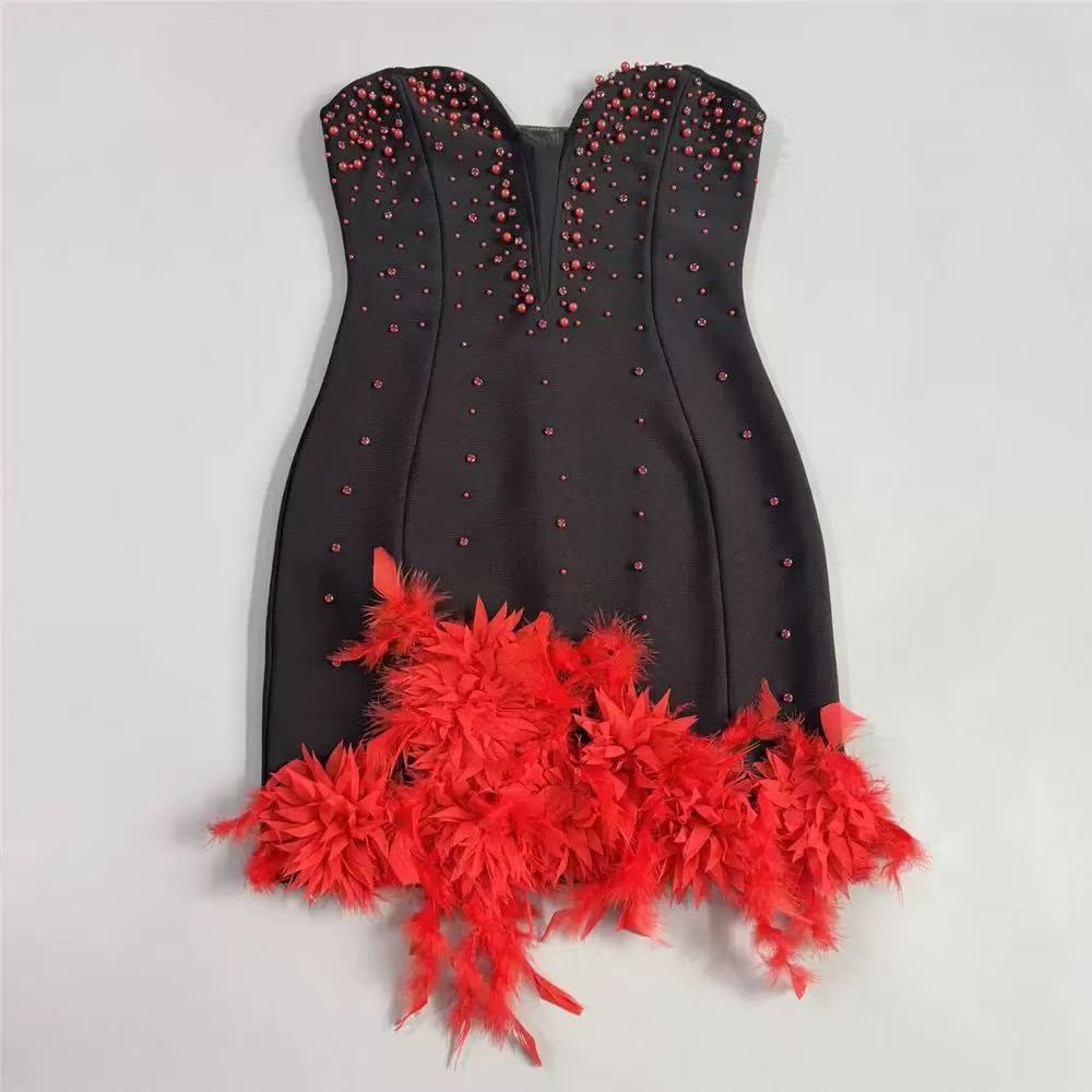Black Heavy Stretch Knit Bodycon Mini Dress with Red Feather Trim
