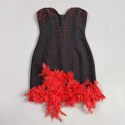 Black Heavy Stretch Knit Bodycon Mini Dress with Red Feather Trim