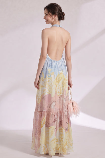 Pastel Ombré Chiffon Halter Tiered Maxi Dress pastel blue, pastel yellow, dusty rose pink chiffon dress - product view 5