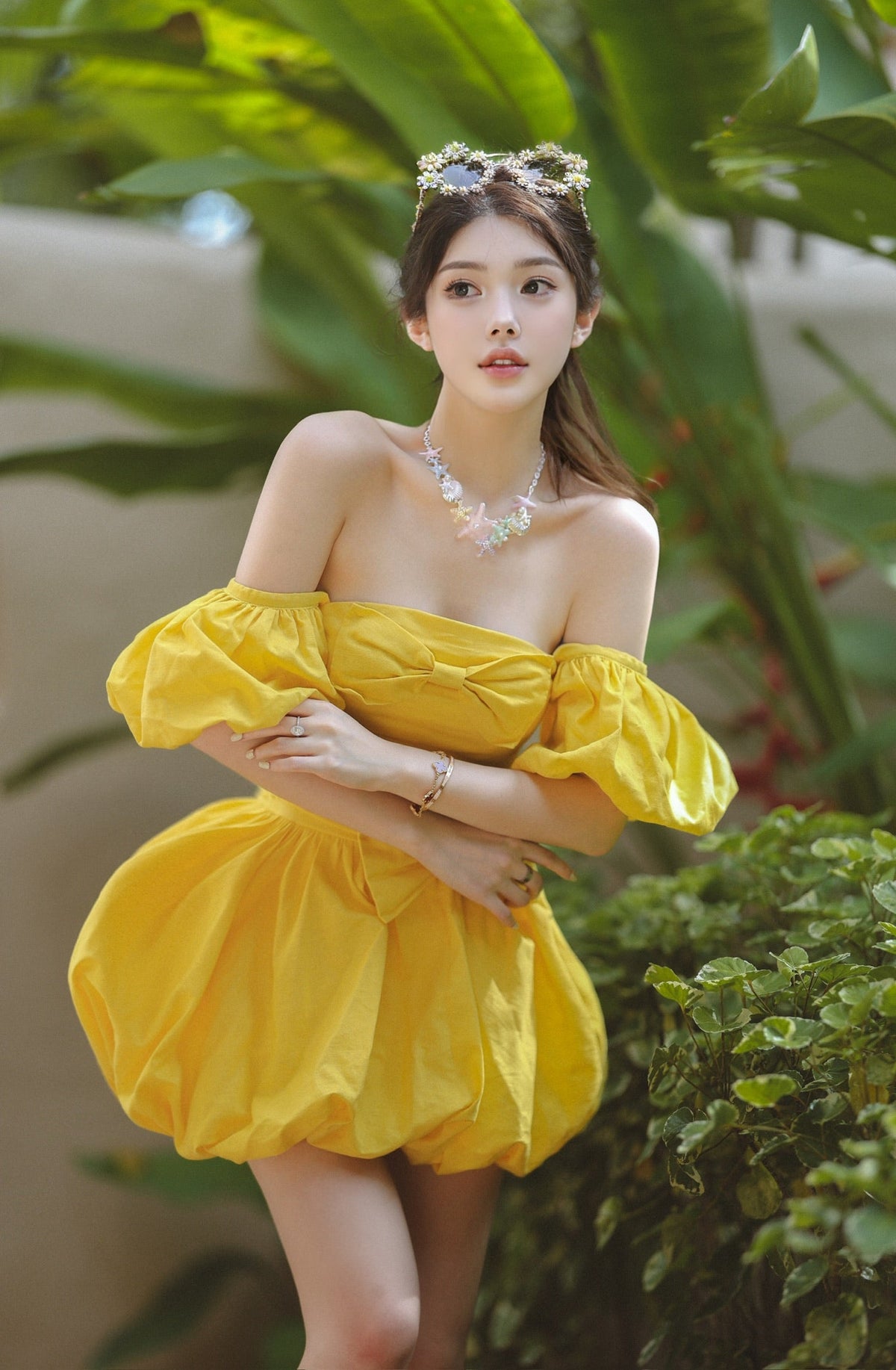 Bonnie puff strapless Mini Dress in yellow